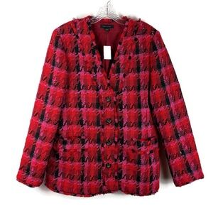 Ann Taylor Houndstooth Tweed Fringe Long Blazer Jacket in Pink/Multicolor